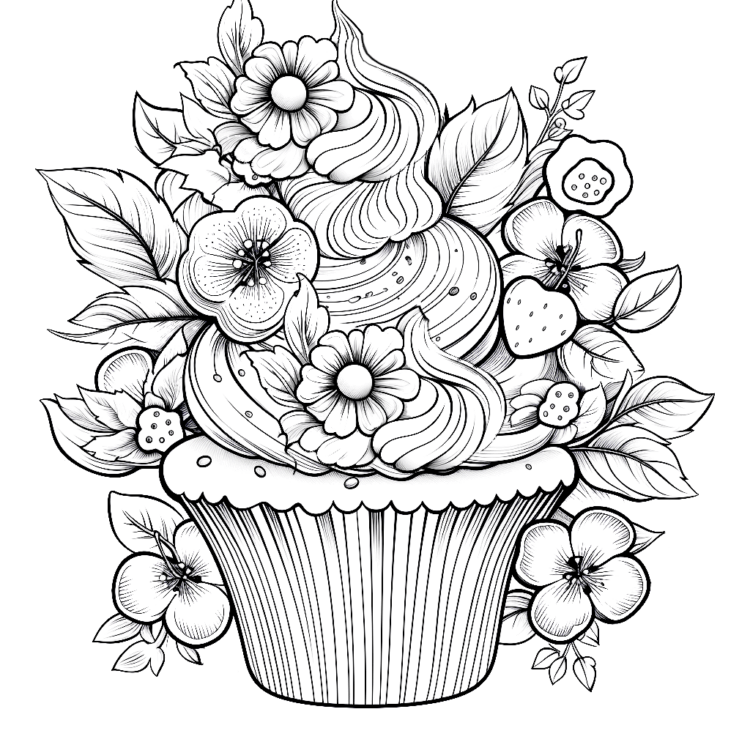 Coloring picture flowers cupcake