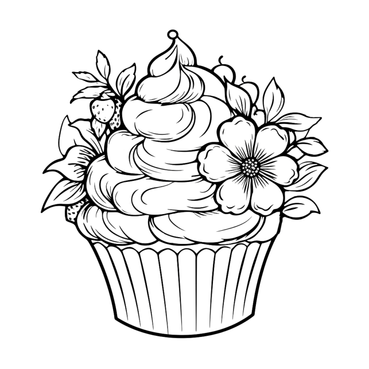 Coloring page flower cupcake with icing