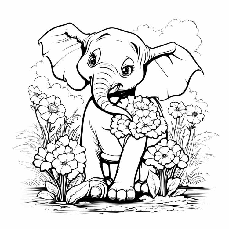 Coloring picture flowers and elephant