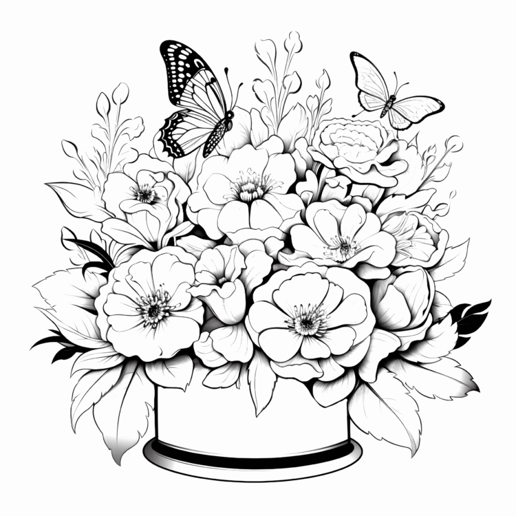 Dibujo para colorear tarta de flores y mariposas