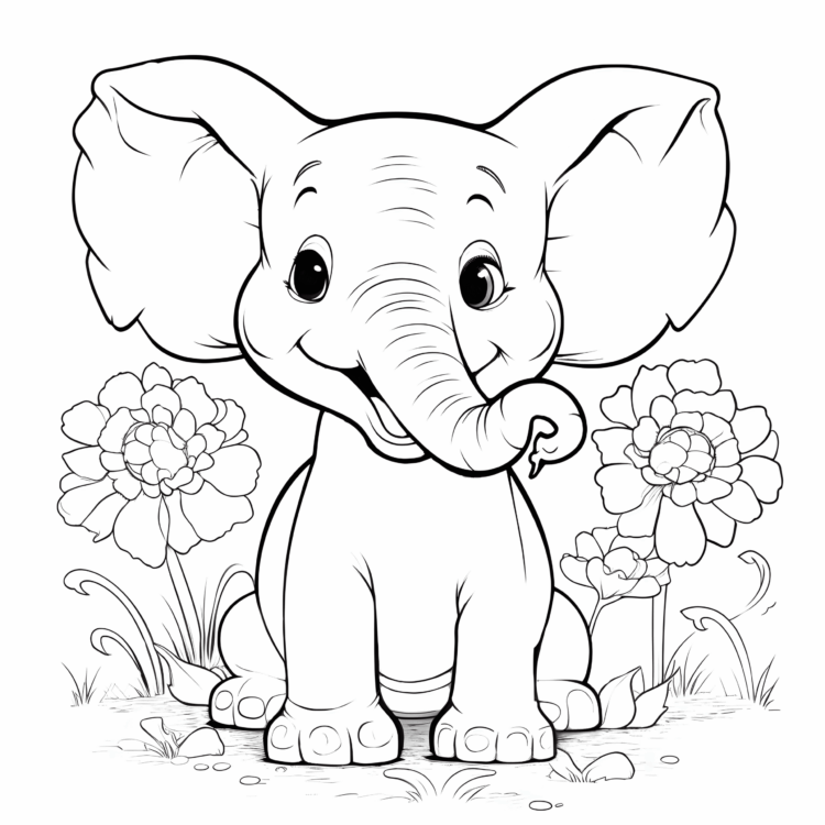 Coloring picture flowers and happy elephant