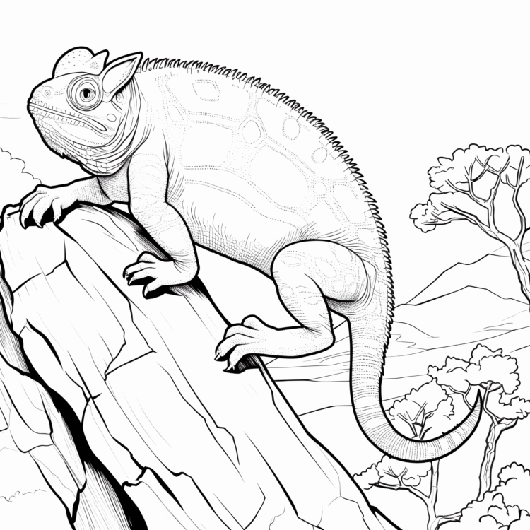 Coloring picture chameleon climbing on a rock