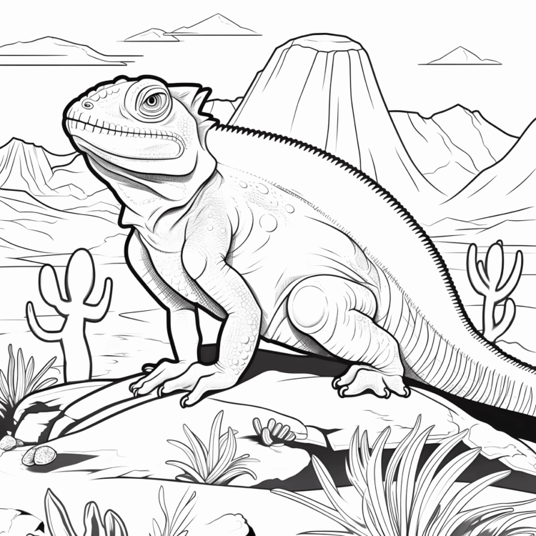 Coloring picture chameleon on a mountain peak