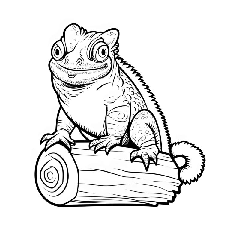 Coloring picture chameleon on a tree trunk