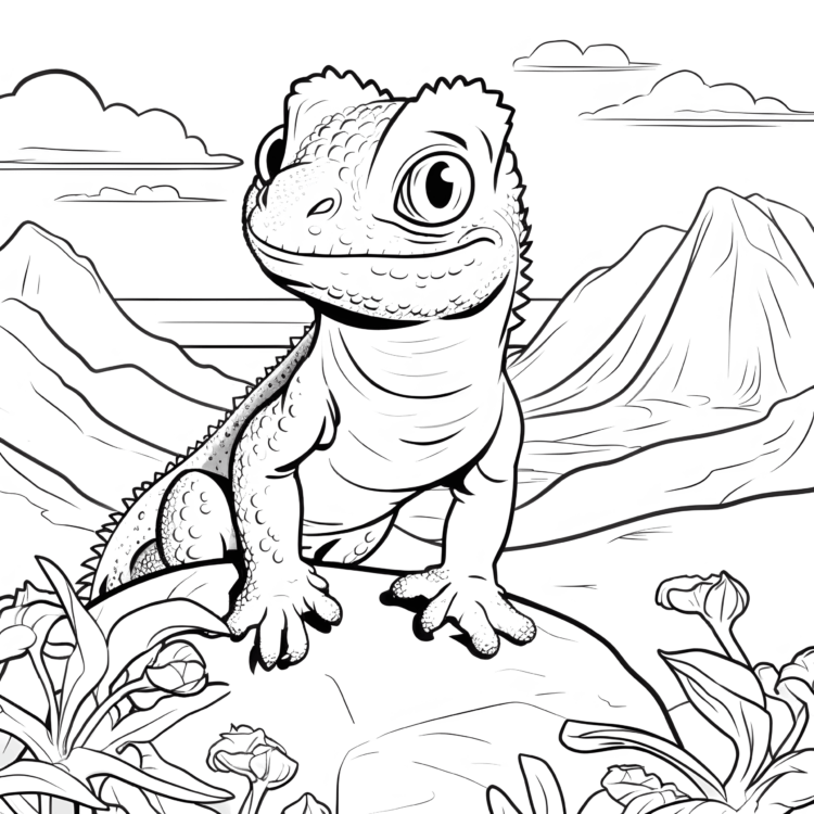 Coloring picture chameleon on a mountain peak