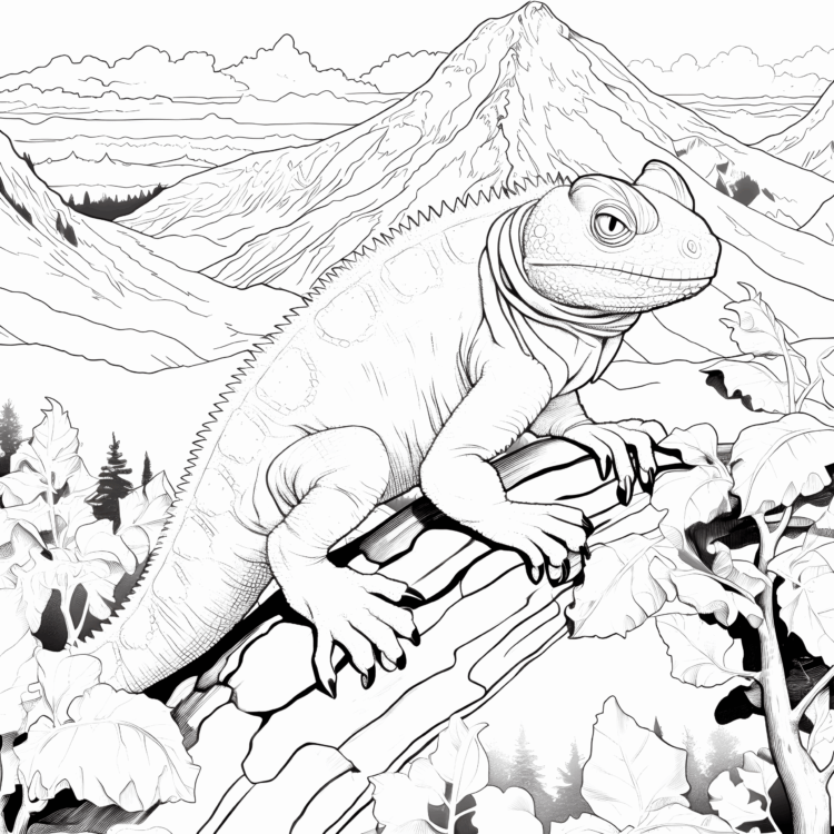 Dibujo para colorear camaleón en una montaña rocosa