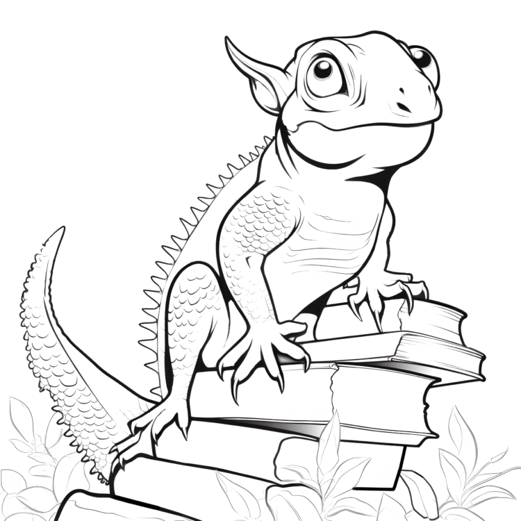 Coloring picture chameleon and books