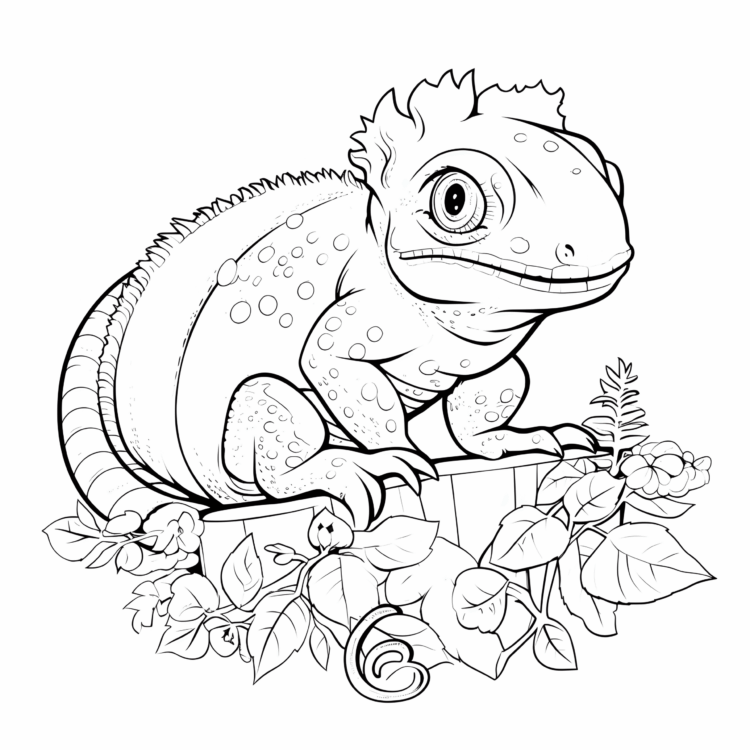 Coloring picture chameleon and a tree trunk