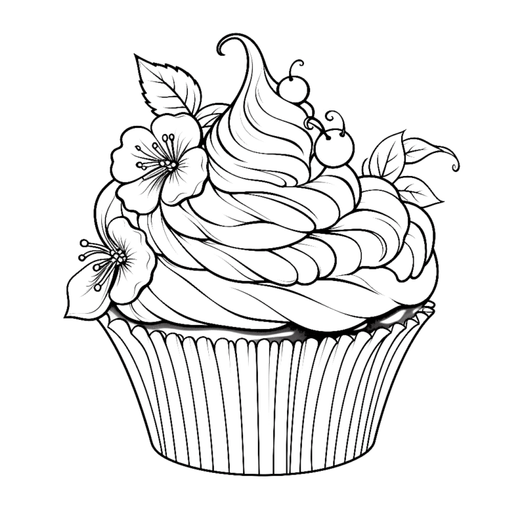 Ausmalbild Cupcake mit Blumen