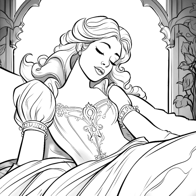 Dibujo para colorear La Bella Durmiente en la ventana