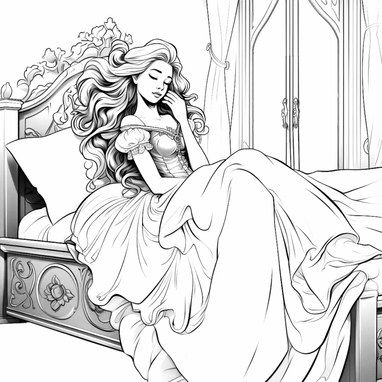 Dibujo para colorear La Bella Durmiente en una cama