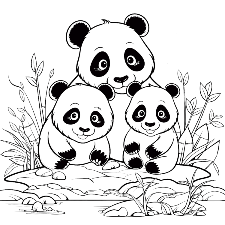 Ausmalbild Drei Pandas
