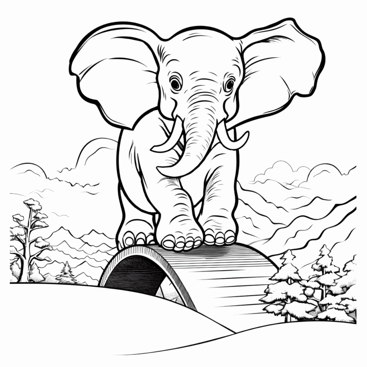 Coloring picture elephant on a bridge