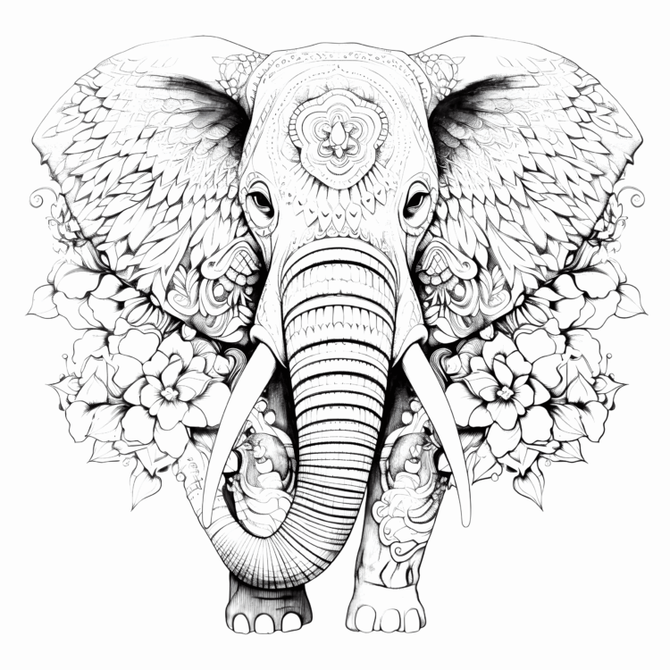Dibujo para colorear elefante con flores