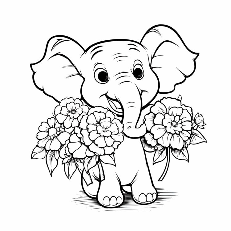 Coloring picture elephant and flowers