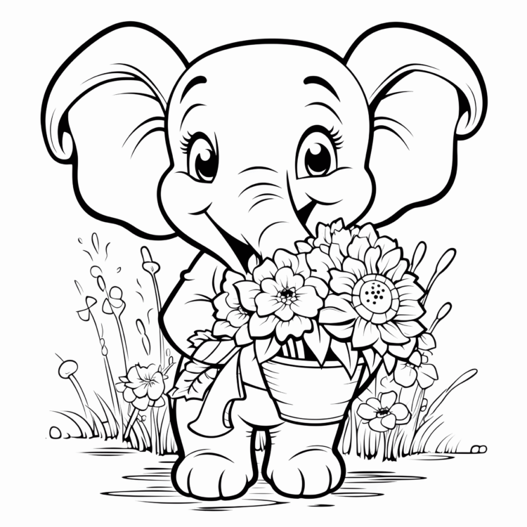 Coloring picture elephant and bouquet of flowers
