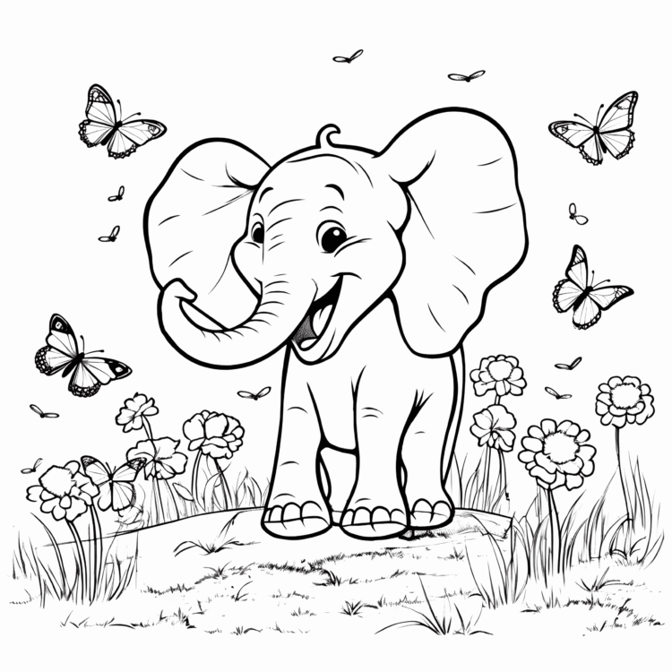 Coloring picture elephant and butterflies