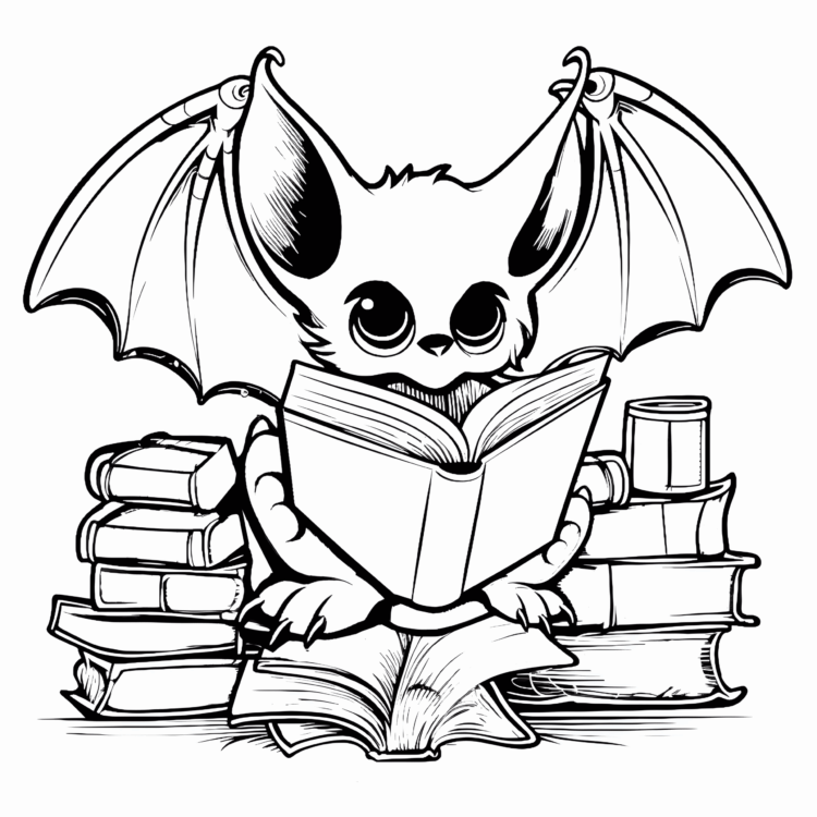 Ausmalbild Fledermaus und Bücher
