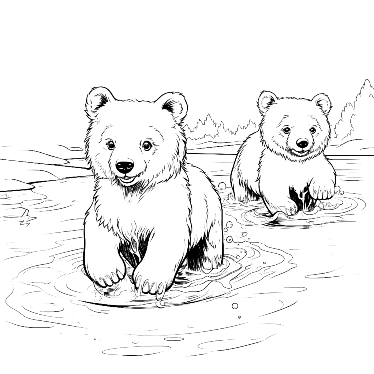 Ausmalbild Jungbären am Wasser