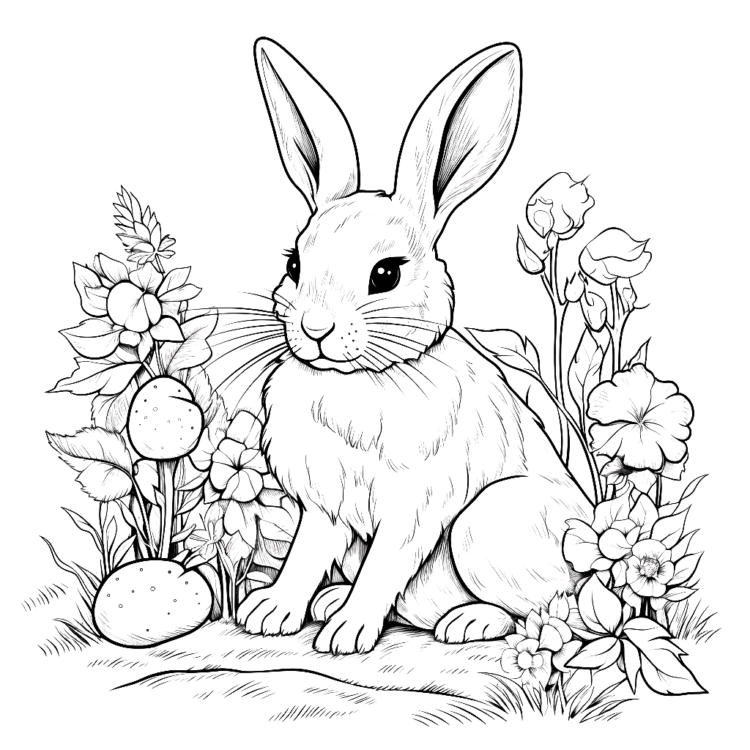 Ausmalbild Kaninchen in einem Blumengarten