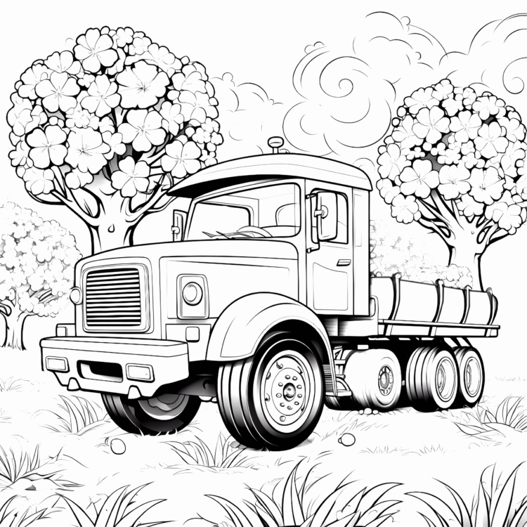 Ausmalbild Kleiner Traktor mit Anhänger im Wald