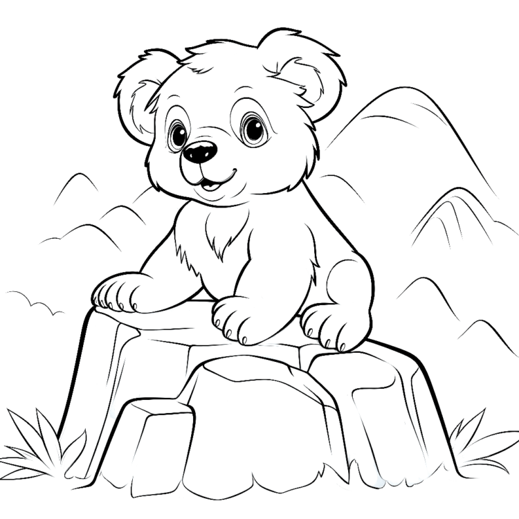 Dibujo para colorear lindo oso sobre una roca