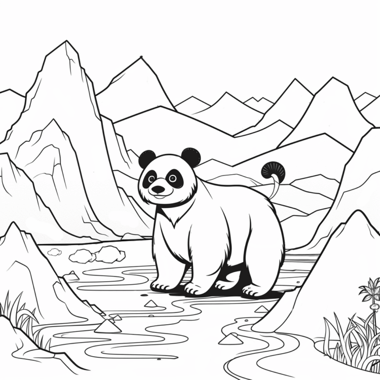 Coloring picture panda on mountains