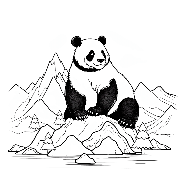 Coloring picture panda bear on the mountain