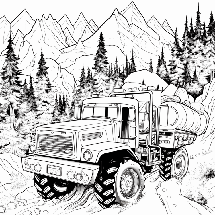 Dibujo para colorear tractor con remolque en las montañas