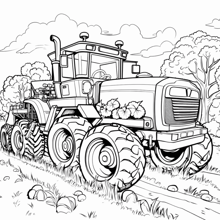 Ausmalbild Traktor mit Anhänger auf dem Bauernhof