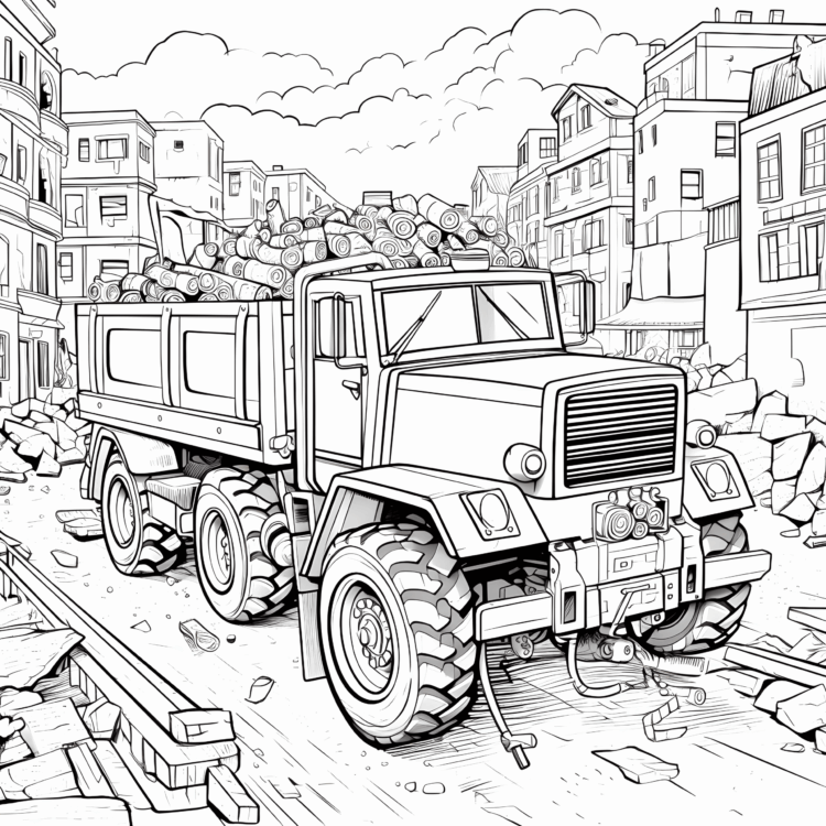 Ausmalbild Traktor mit Anhänger auf der Baustelle