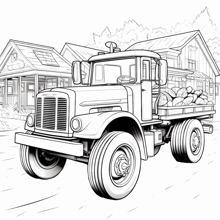 Ausmalbild Traktor mit Anhänger auf der Straße