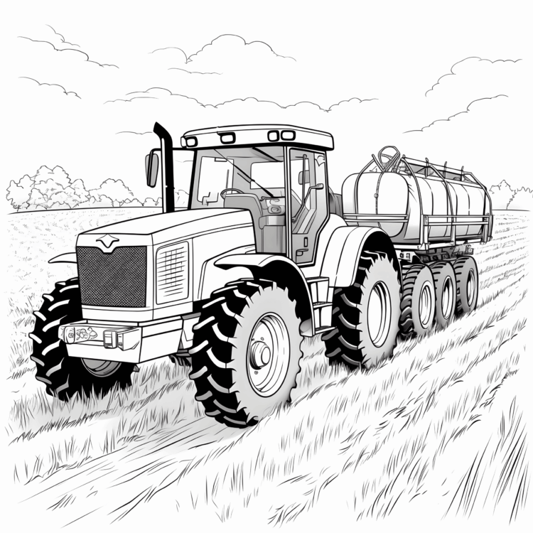 Ausmalbild Traktor mit Anhänger bei der Ernte