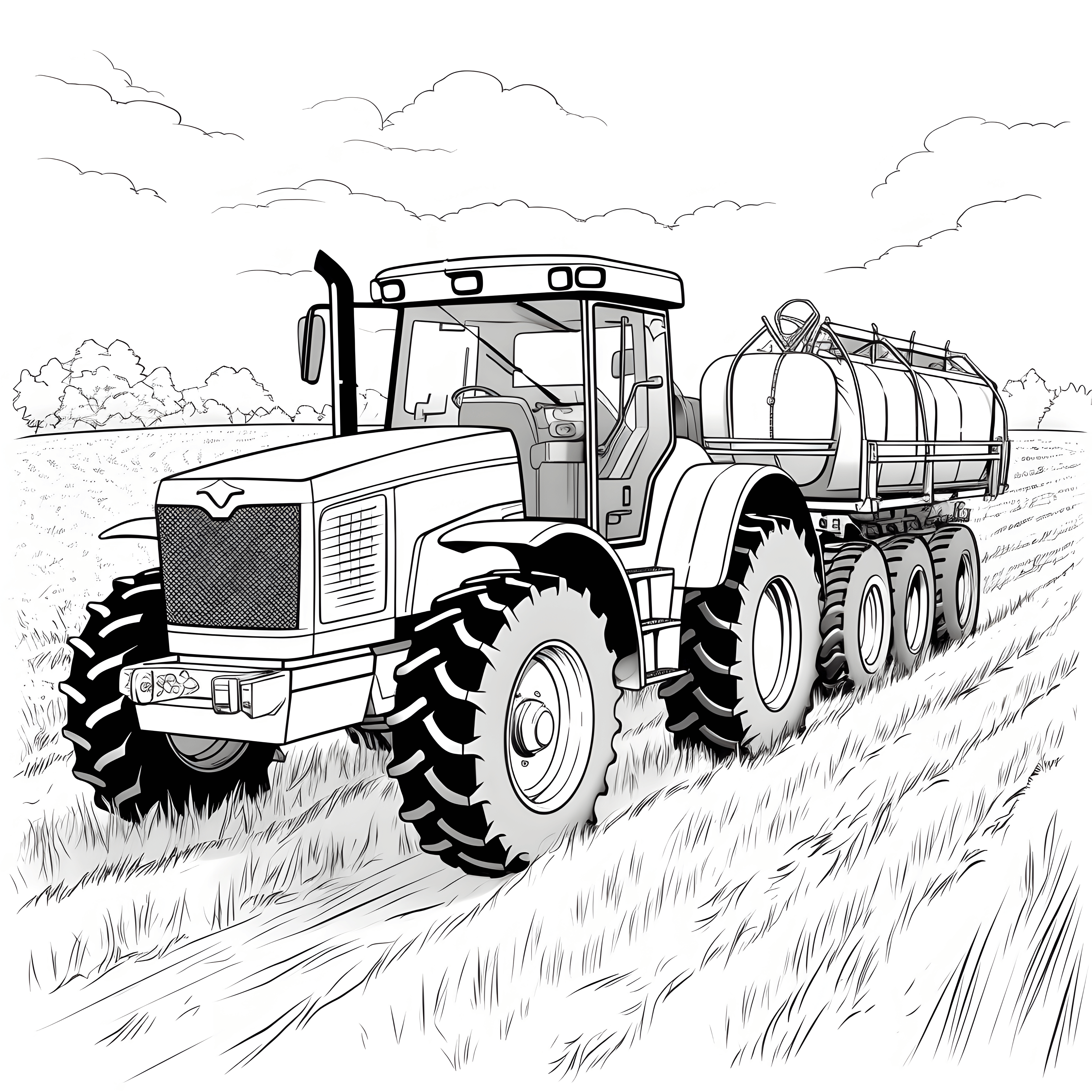 Traktor mit Anhänger bei der Ernte”– kostenloses Ausmalbild
