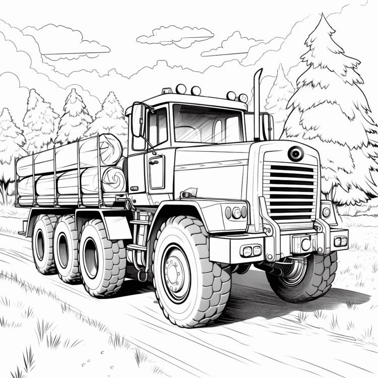 Ausmalbild Traktor mit Anhänger im Wald
