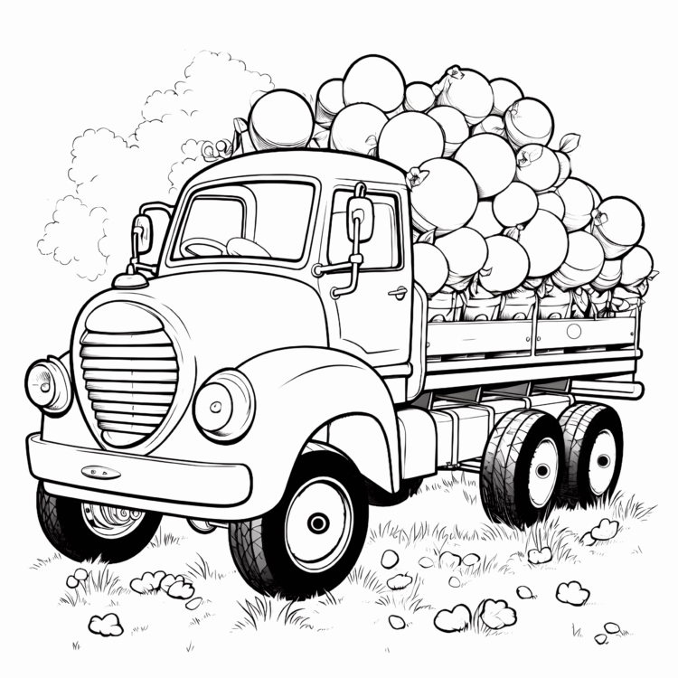 Ausmalbild Traktor mit Anhänger und Früchten