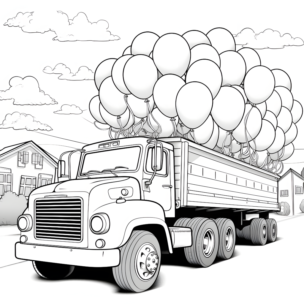  Traktor mit Anhänger und Luftballons”– kostenloses Ausmalbild Motiv 