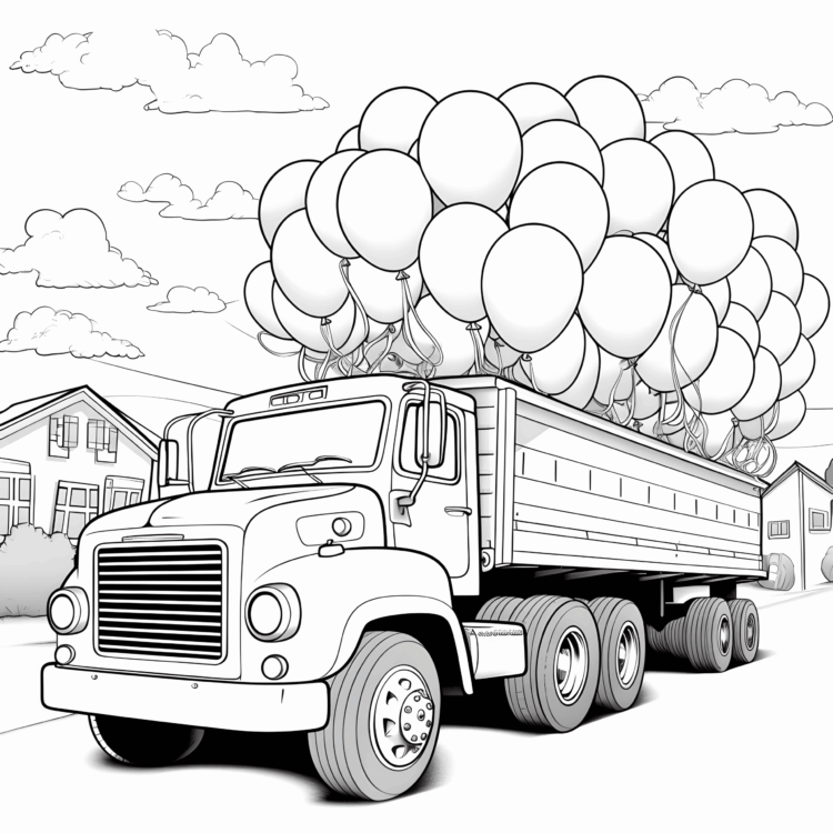 Ausmalbild Traktor mit Anhänger und Luftballons
