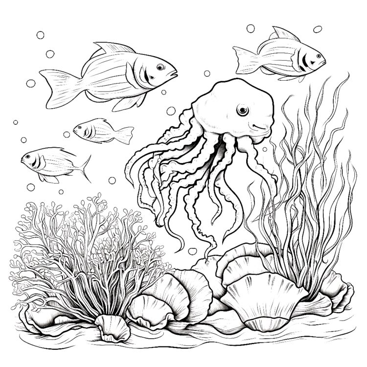 Dibujo para colorear pulpo y pez submarinos