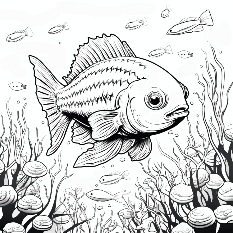 Dibujo para colorear de un gran pez bajo el agua