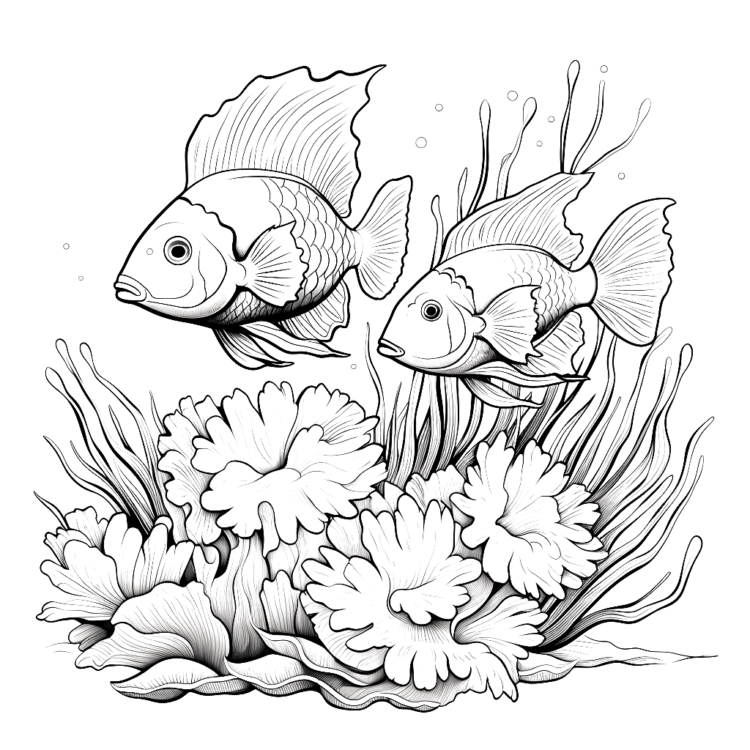 Ausmalbild zwei Fische Unterwasser