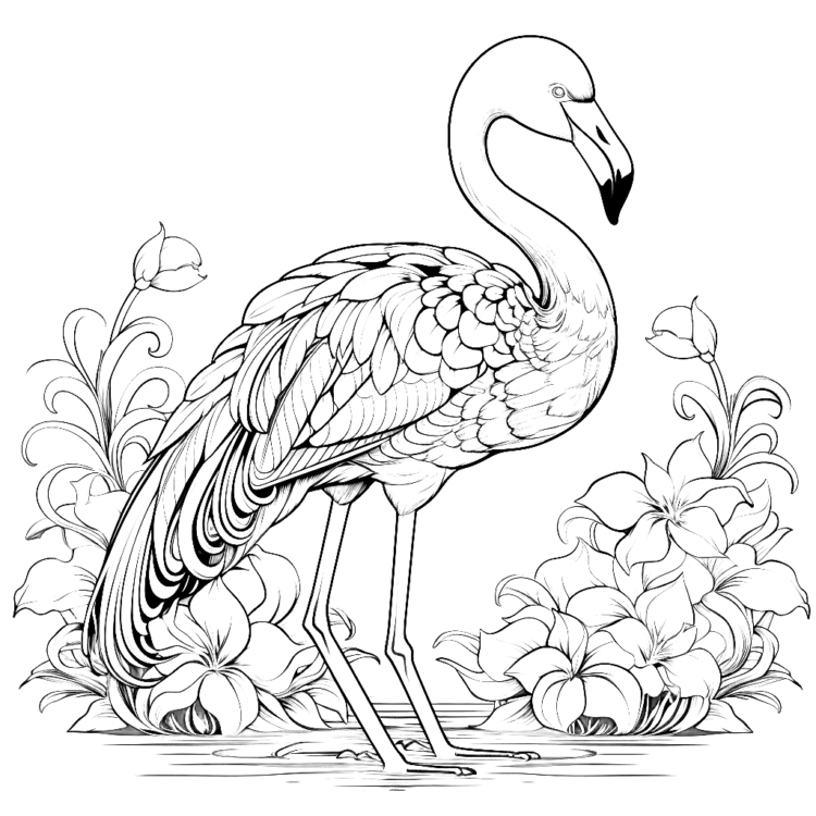 Dibujo para colorear flores y flamenco