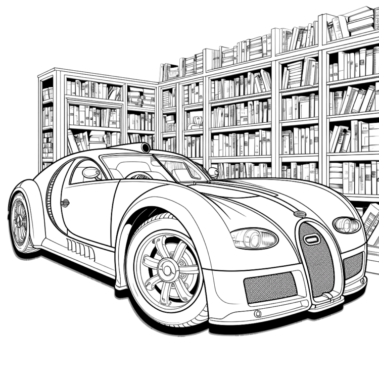 Ausmalbild Buggati in der Bibliothek