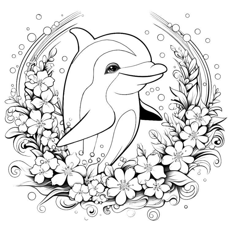 Ausmalbild Delphin und Blumen