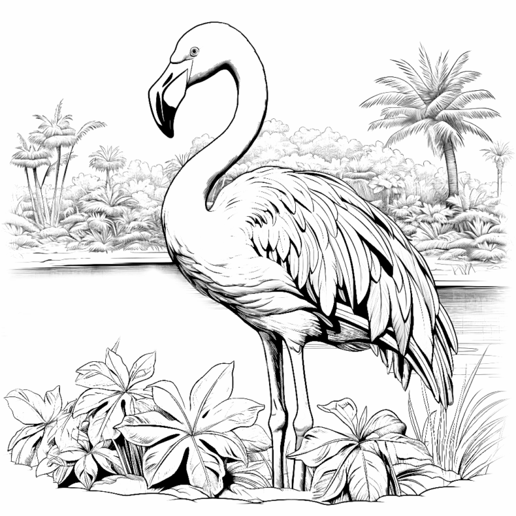 Dibujo para colorear flamenco y plantas