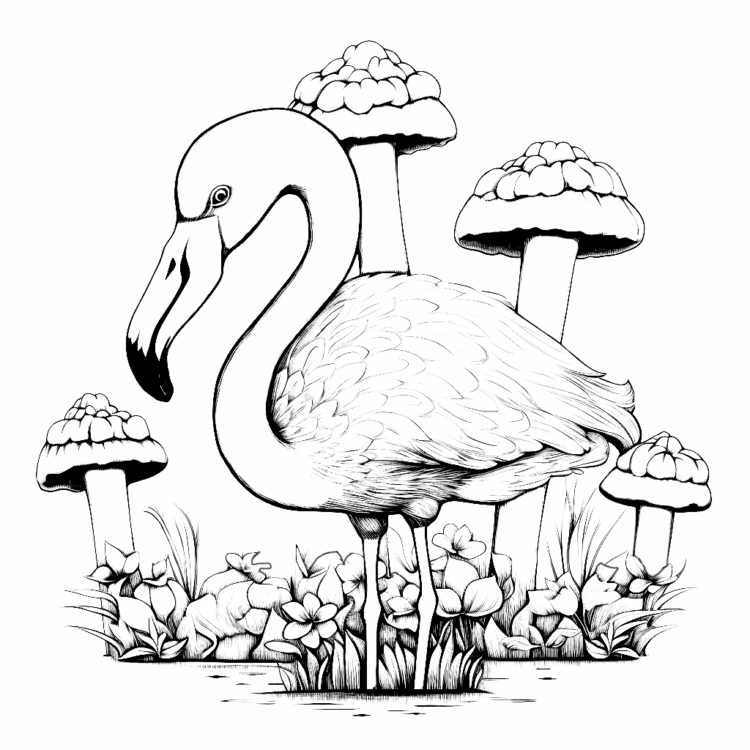 Coloring picture flamingo and mushrooms
