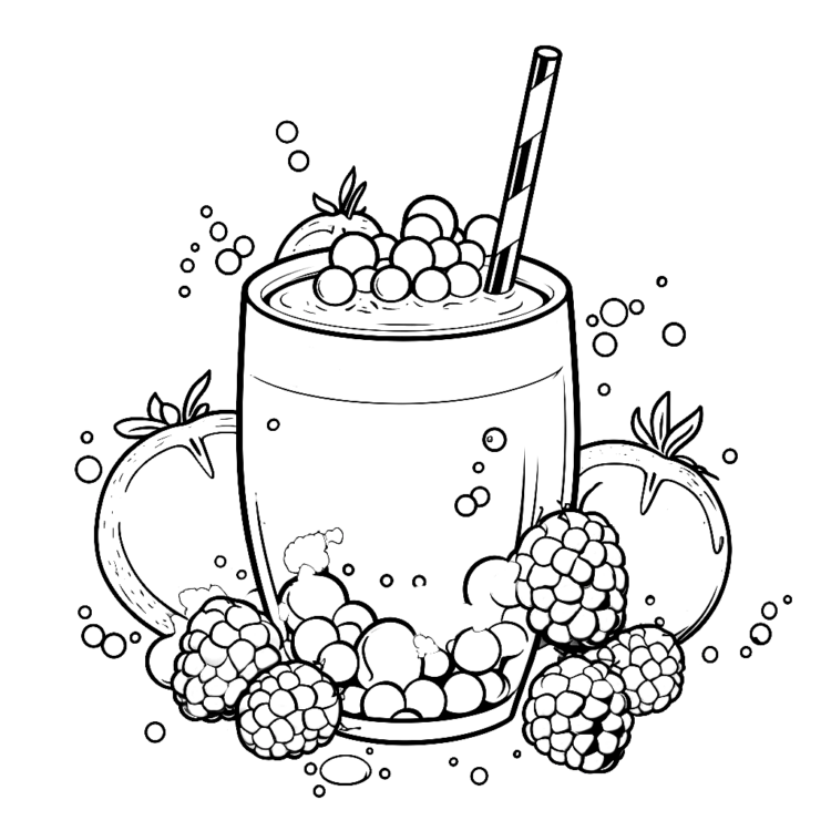 Coloring picture fruits and bubble tea