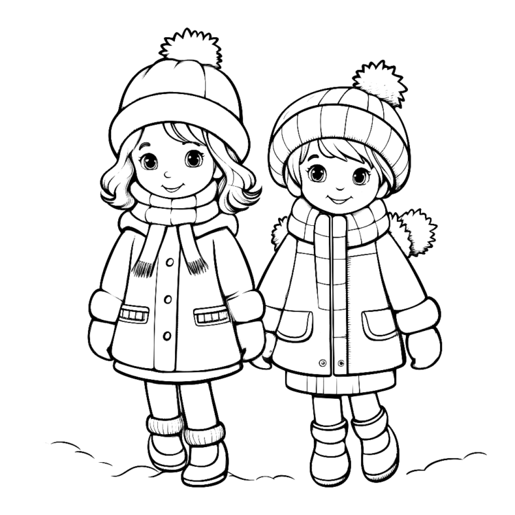 Ausmalbild Kinder im Winteroutfit