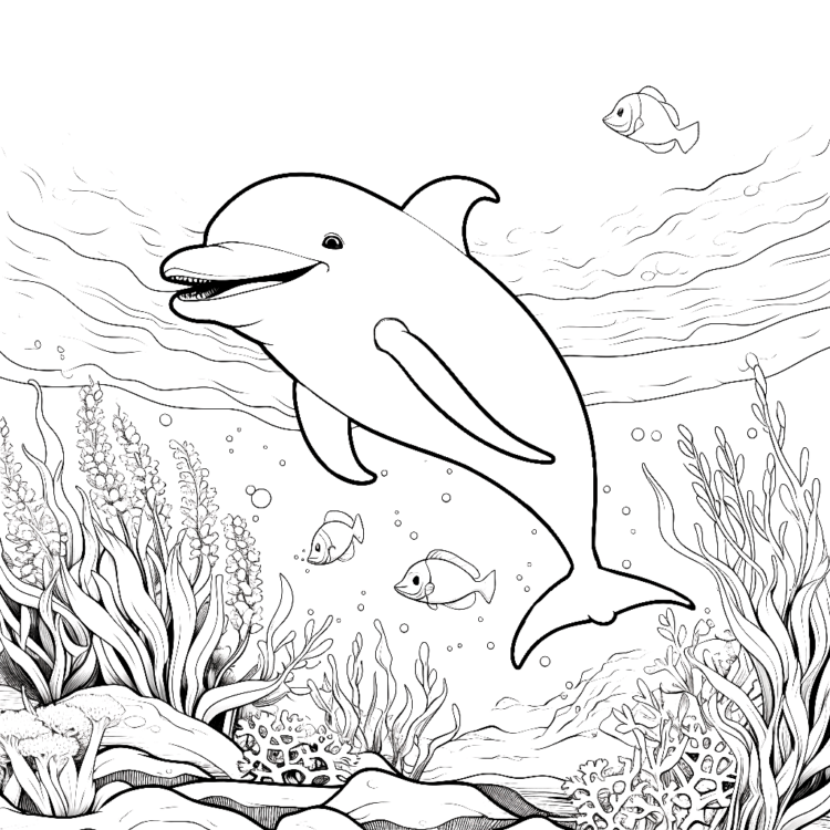 Ausmalbild Korallen und Delfin
