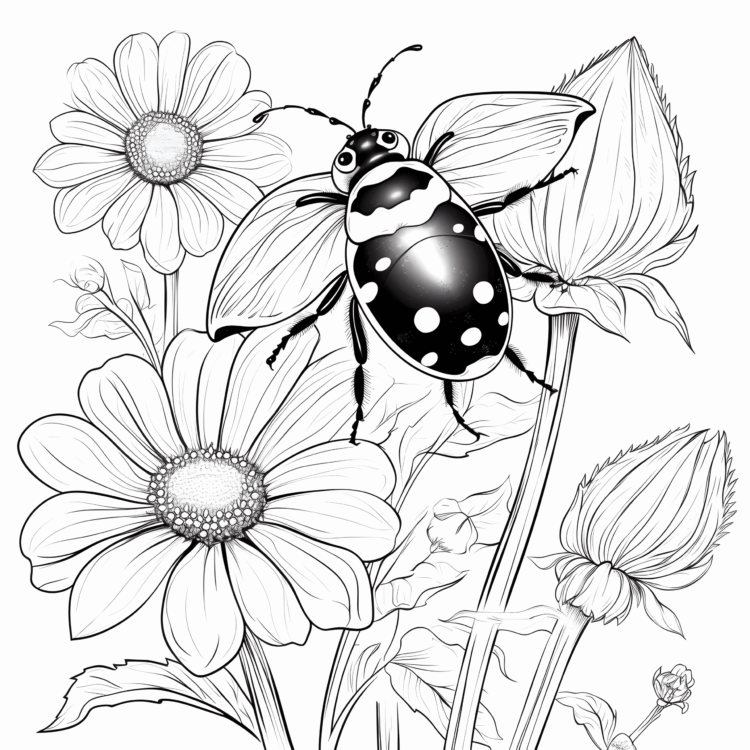 Coloring picture ladybugs and flowers